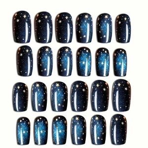 Galaxy Stars Press-On Nails Set - Midnight Blue Artificial Nail Tips 24 Pcs